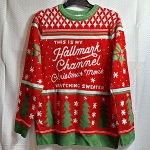 HALLMARK CHANNEL Christmas Movie Watching Sweater Sz L Red Green Snowflakes EUC